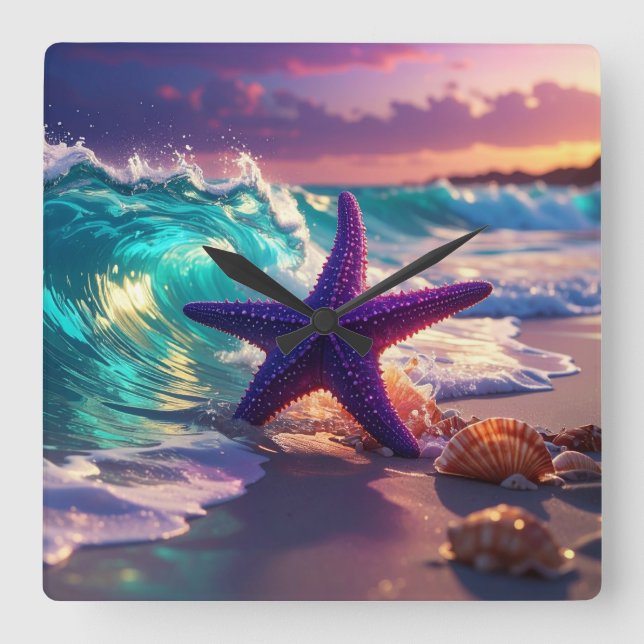 Ocean beach with violet starfish square wall clock (Front)