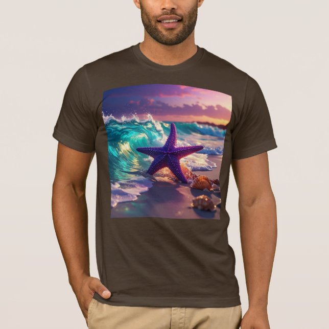 Ocean beach with violet starfish T-Shirt (Front)