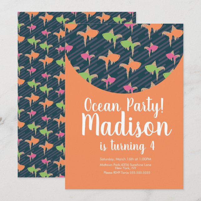 Ocean Birthday Gold Fish Neon Invitation (Front/Back)