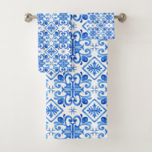 Ocean Bloom Blue Watercolor Floral Mosaic Bath Towel Set