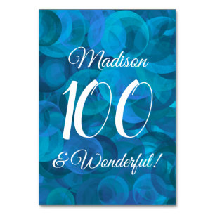Ocean Blue 100 and Wonderful Birthday Party Table Number