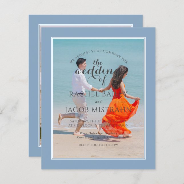 Ocean Blue 2-Photo Budget Wedding Invitation (Front/Back)