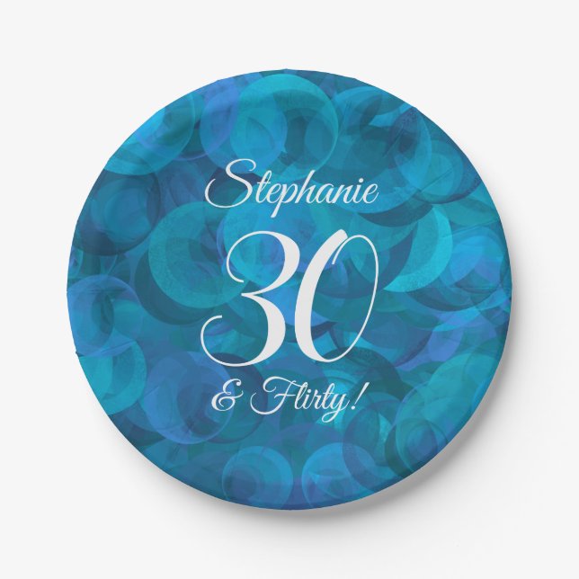 Ocean Blue 30 and Flirty Birthday Party Paper Plate (Front)