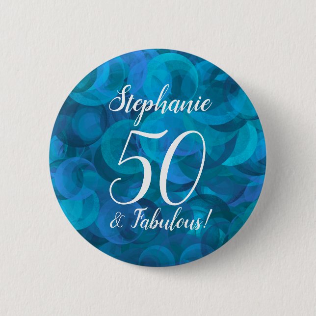 Ocean Blue 50 and Fabulous Birthday Party Button (Front)