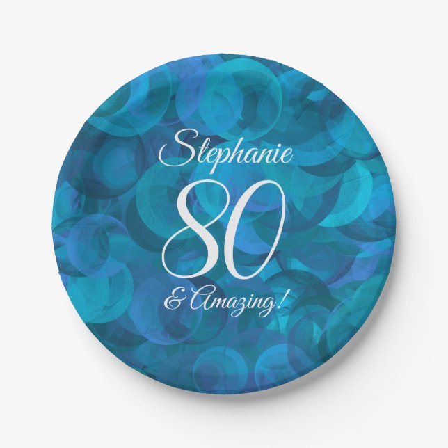 Ocean Blue 80 and Amazing Birthday Party Paper Plate (Front)