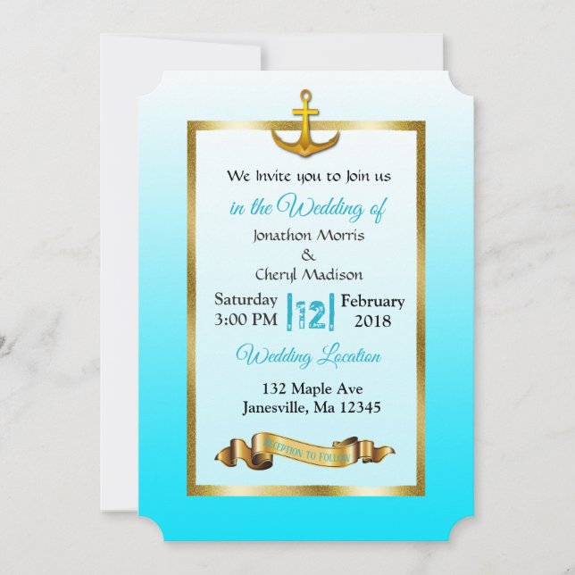 Ocean Blue Anchor  Gold Wedding Invitation (Front)