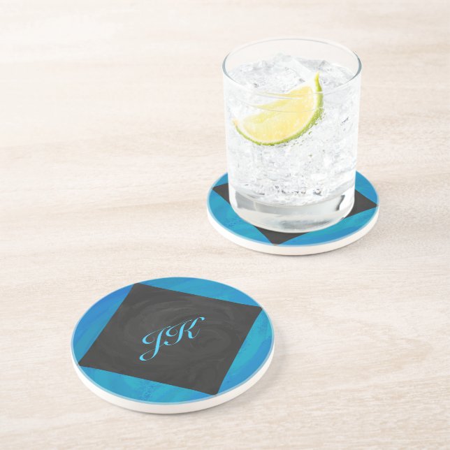 Ocean Blue and Black Monogram Coaster (Side)