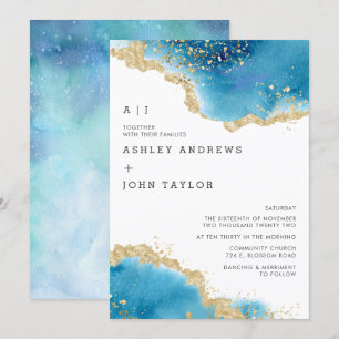 Ocean Blue and Gold Abstract Wedding Invitation