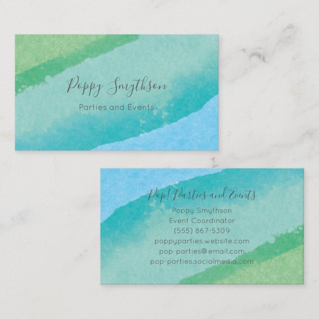 Ocean Blue and Green Modern Watercolor Business Card (Front/Back)