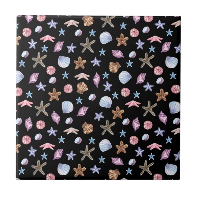 Ocean Blue and Purple Summer Starfish and Seashell Tile (Front)