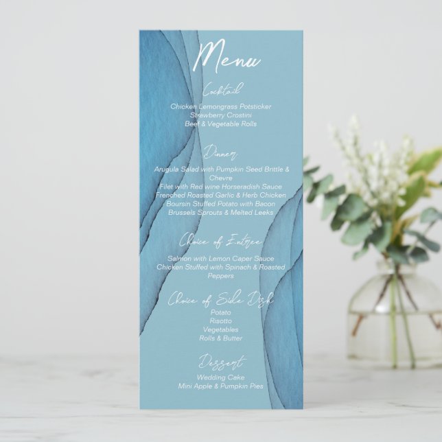  Ocean blue aquamarine watercolor Wedding    Menu (Standing Front)