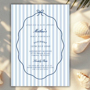 Ocean Blue Bow Stripes Classic Boy Any Birthday  Invitation