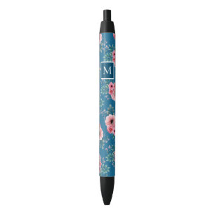Ocean Blue Chic Watercolour Floral Monogram Black Ink Pen