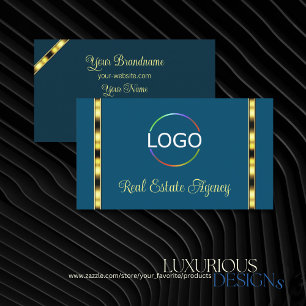 Ocean Blue Chic with Logo Gold Border Professional Business Card