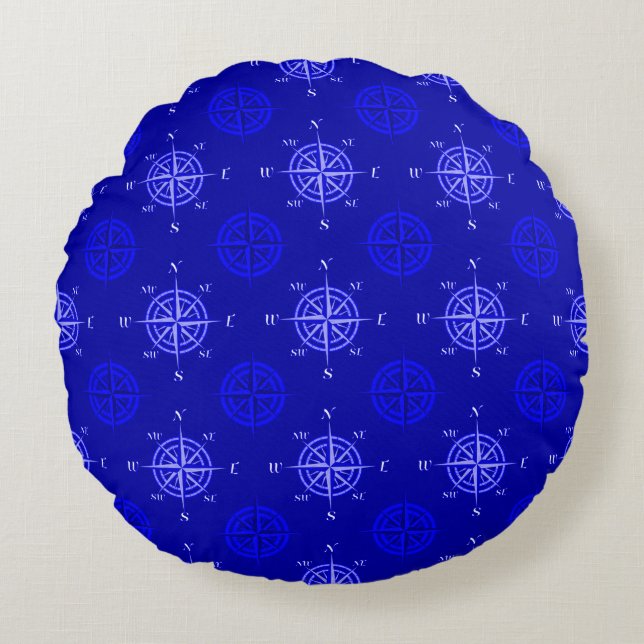 Ocean Blue Compass Rose Round Cushion (Front)
