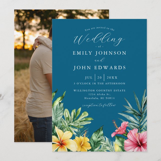 Ocean Blue Elegant Tropical Floral Photo Wedding Invitation (Front/Back)
