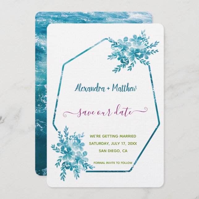 Ocean Blue Floral Save the Date (Front/Back)