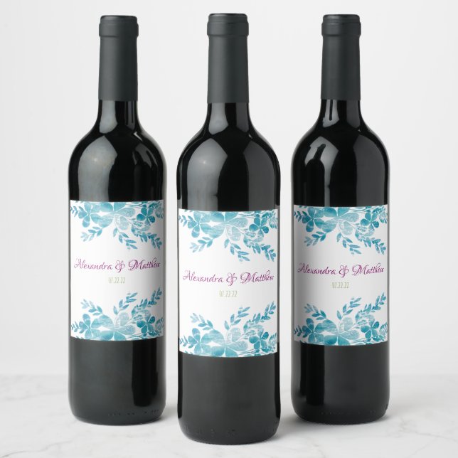 Ocean Blue Floral Wedding Wine Bottle Labels (Bottles)
