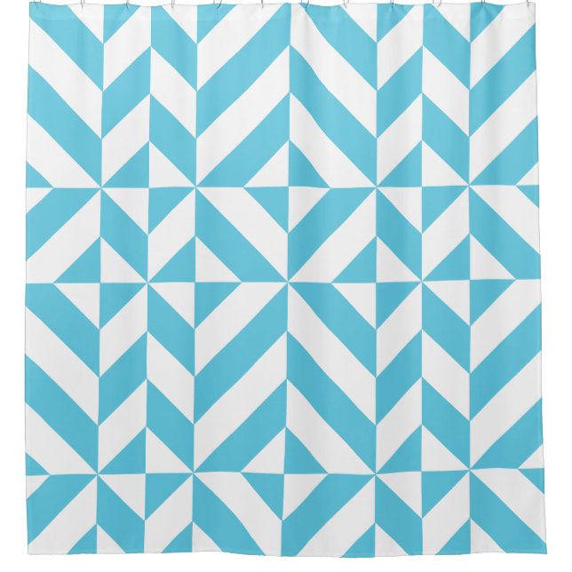 Ocean Blue Geometric Deco Pattern Shower Curtain (Front)