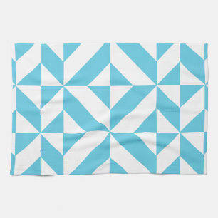 Ocean Blue Geometric Deco Pattern Tea Towel