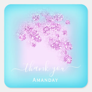 Ocean Blue Glitter Floral Pink Thank You Favour Vi Square Sticker