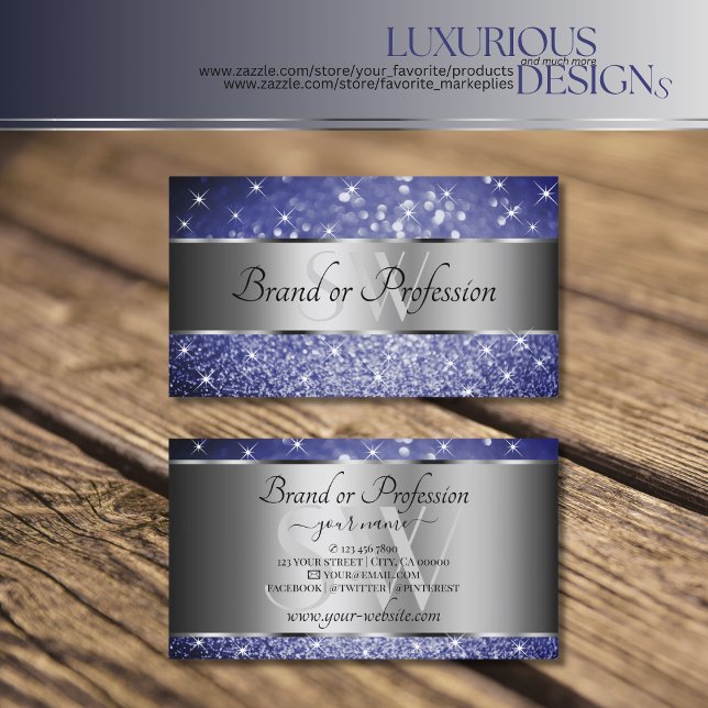 Ocean Blue Glitter Silver Luminous Stars Initials Business Card (Creator Uploaded)