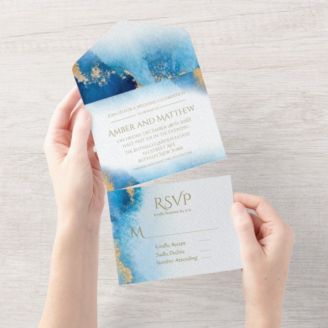 Ocean Blue Gold Agate Wedding All In One Invitation (Tearaway)