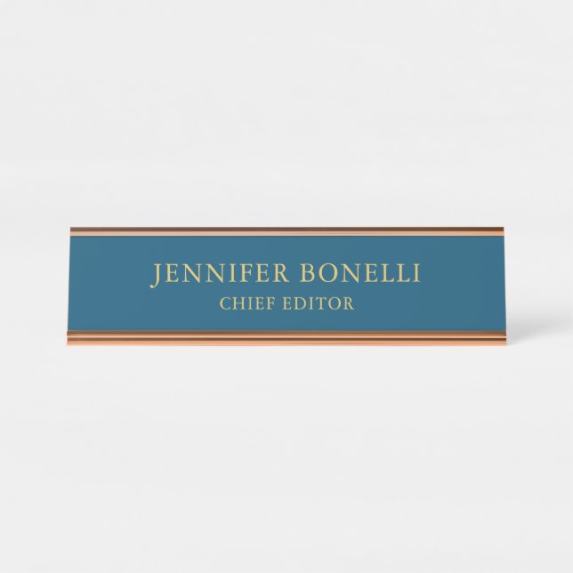 Ocean Blue & Gold Colour Trendy Modern Plain Desk Name Plate (Front)