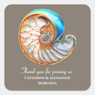 Ocean Blue Gold Conch Shell Thank You Square Sticker