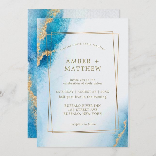 Ocean Blue Gold Glitter Agate Wedding Invitations (Front/Back)