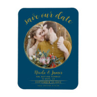 Ocean Blue & Gold Modern Round Photo Save the Date