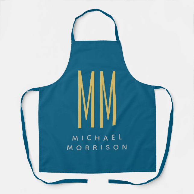 Ocean Blue Gold Monogram Initial Letters Name Apron (Front)
