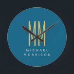 Ocean Blue Gold Monogram Initial Letters Name Round Clock<br><div class="desc">Represent yourself with this modern, elegant design. This template can be customised to meet all professional occupations.</div>