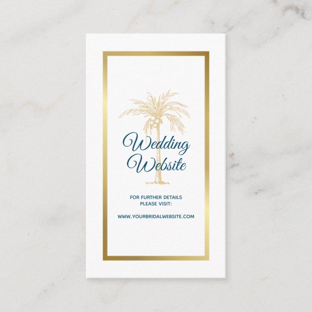 Ocean Blue Gold Palm Tree Beach Wedding Website Enclosure Card (Front)