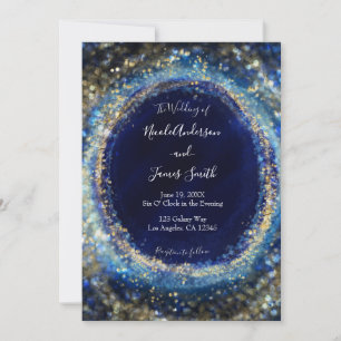 Ocean Blue Gold Sparkling Lights Wedding Invitation