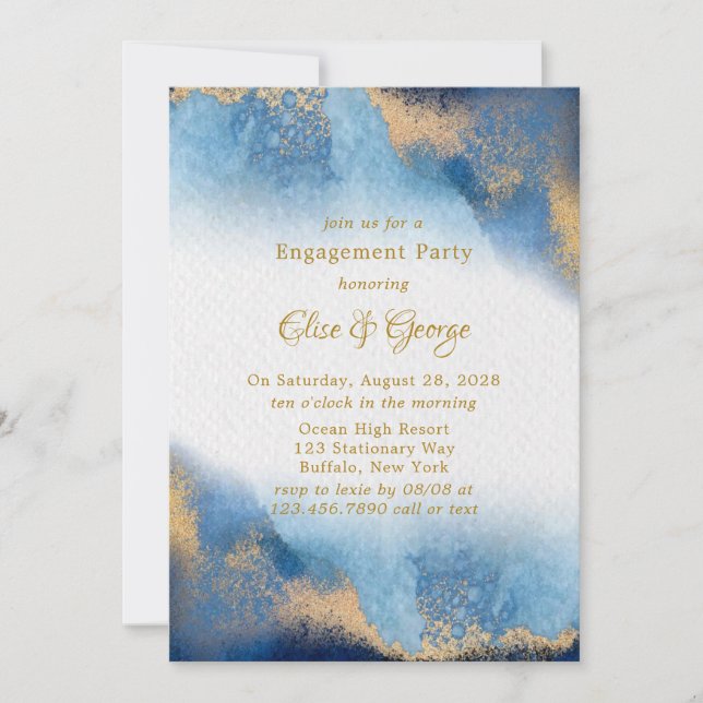 Ocean Blue Golden Agate Engagement Party Invitation (Front)