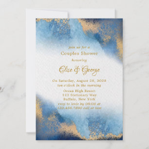 Ocean Blue Golden Watercolor Couples Shower Invitation
