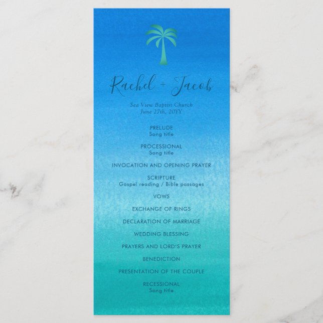Ocean Blue Green Beach Tropical Palm Tree Wedding Programme (Front)