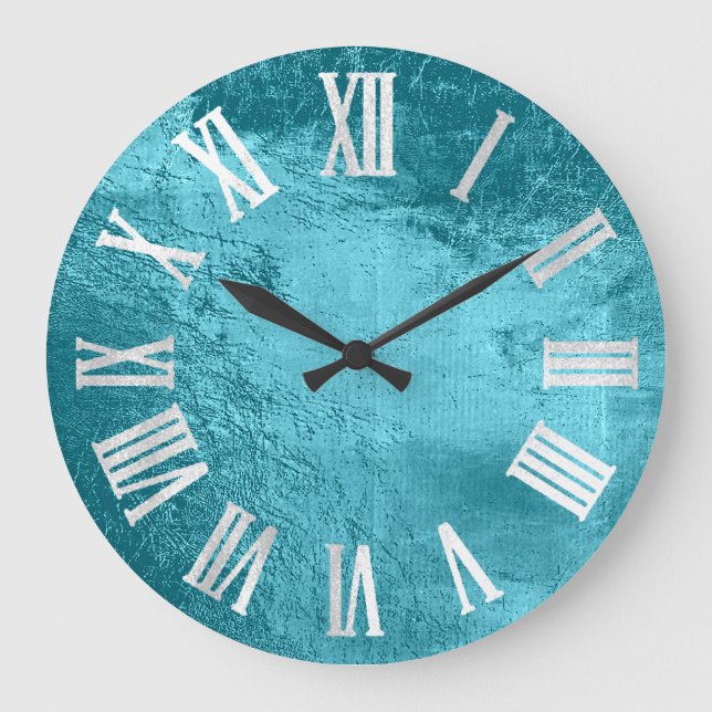 Ocean Blue Grey Silver Leather Metallic Glass Large Clock (Front)