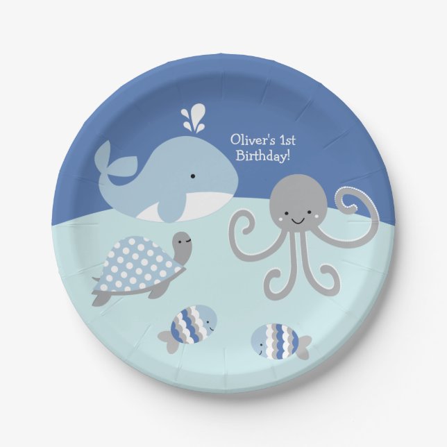 Ocean Blue Grey Whale Sea Life Party Plate (Front)