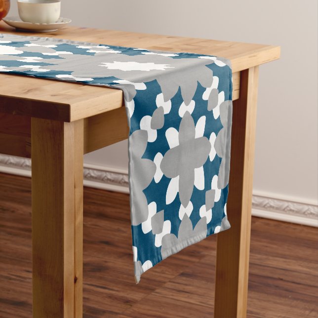 Ocean Blue Grey White Connected Circles Pattern Short Table Runner (In Situ)