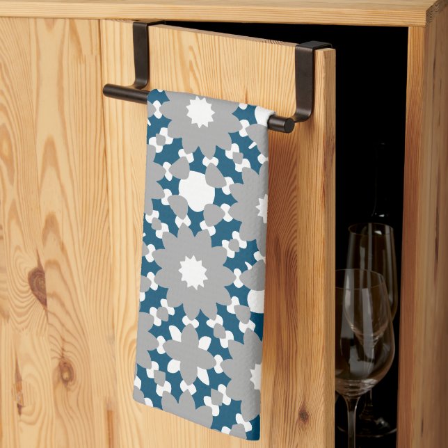 Ocean Blue Grey White Connected Circles Pattern Tea Towel (Thirds Fold)