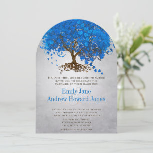 Ocean Blue Heart Leaf Tree Wedding Invites