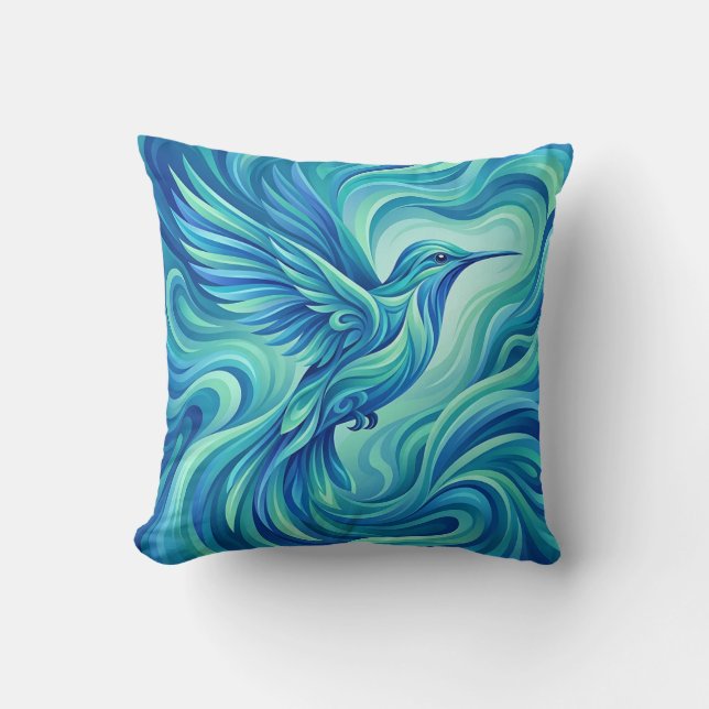 Ocean Blue Hummingbird Throw Pillow (Front)