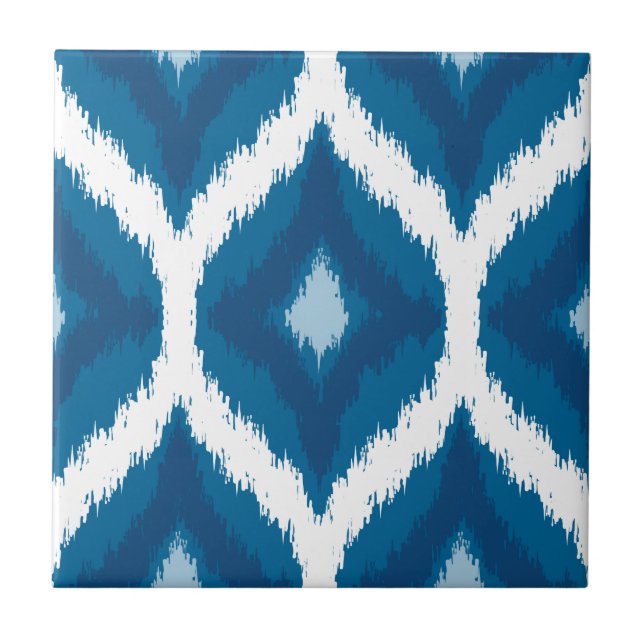 Ocean Blue Ikat Modern Ethnic Geometric Print Tile (Front)