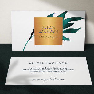 Ocean blue leaf glam copper chic interior designer business card