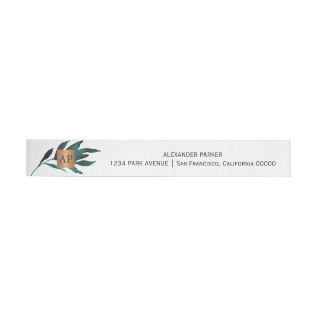 Ocean blue leaf metallic copper monogrammed wraparound address label (Individual)