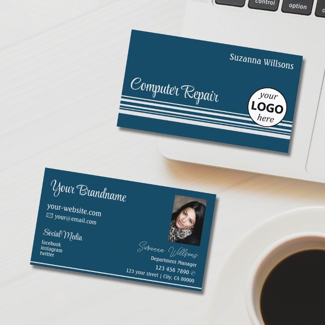 Ocean Blue Light Grey Stripes with Logo and Photo Business Card (Creator Uploaded)