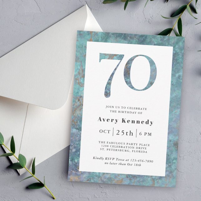 Ocean Blue Marble Modern 70th Birthday Party Invitation (Ocean Blue Marble 70th Birthday Party Invitation)