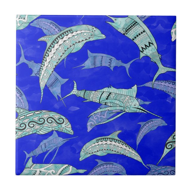 Ocean Blue Marine Animals Dolphins Marlins Tile (Front)